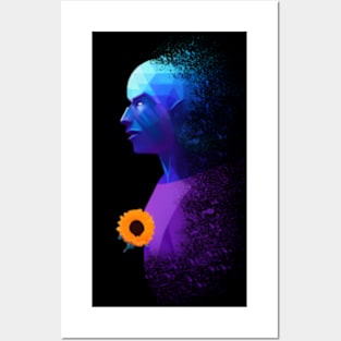 Blue alien Mr. Manhattan with sunflower and dispersion Posters and Art